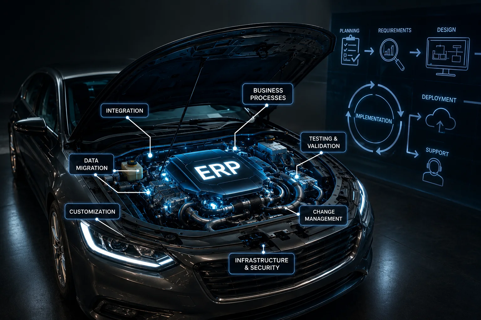 Photo-illustration of a car with its hood raised on a glowing ERP engine block, with callouts for integration, business processes, data migration, testing and validation, customization, change management, and infrastructure and security, beside a delivery lifecycle flow from planning through deployment and support.