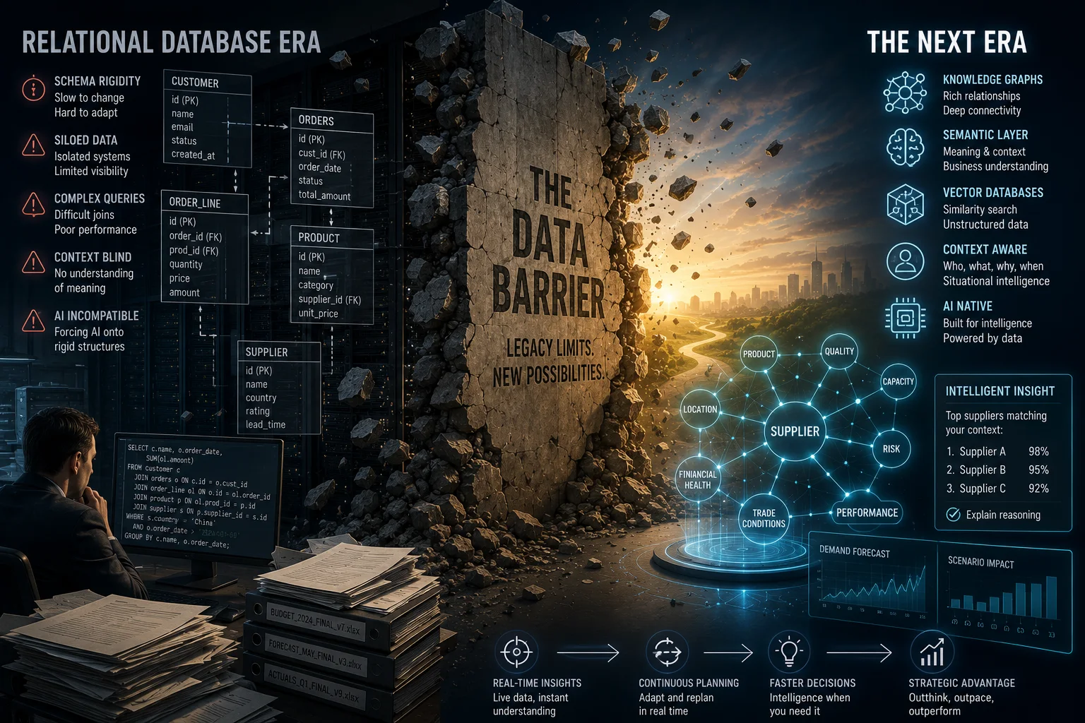 Split illustration divided by a cracking stone wall lettered "the data barrier — legacy limits, new possibilities". The dark left half, headed "relational database era", lists schema rigidity, siloed data, complex queries, context blind, and AI incompatible beside an entity-relationship diagram of customer, orders, order_line, product, and supplier tables, a long SQL join on a monitor, and stacks of paper and spreadsheet binders. The lit right half, headed "the next era", lists knowledge graphs, semantic layer, vector databases, context aware, and AI native above a glowing supplier knowledge graph linking product, quality, capacity, risk, performance, trade conditions, financial health, and location, with a panel ranking the top suppliers matching context and a strip reading real-time insights, continuous planning, faster decisions, strategic advantage.