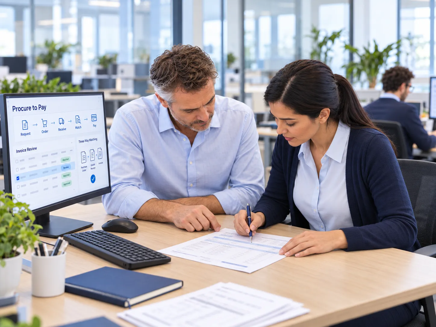 Two consultants at a desk reviewing a procure-to-pay workflow and invoice review queue on screen and on paper.