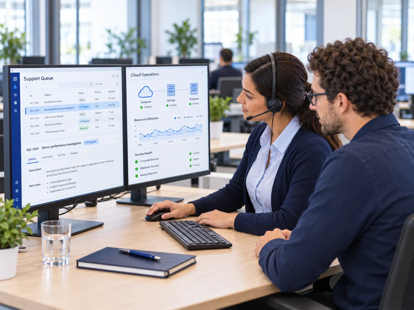 A support analyst with a headset working a support queue and cloud operations monitoring dashboard alongside a colleague.