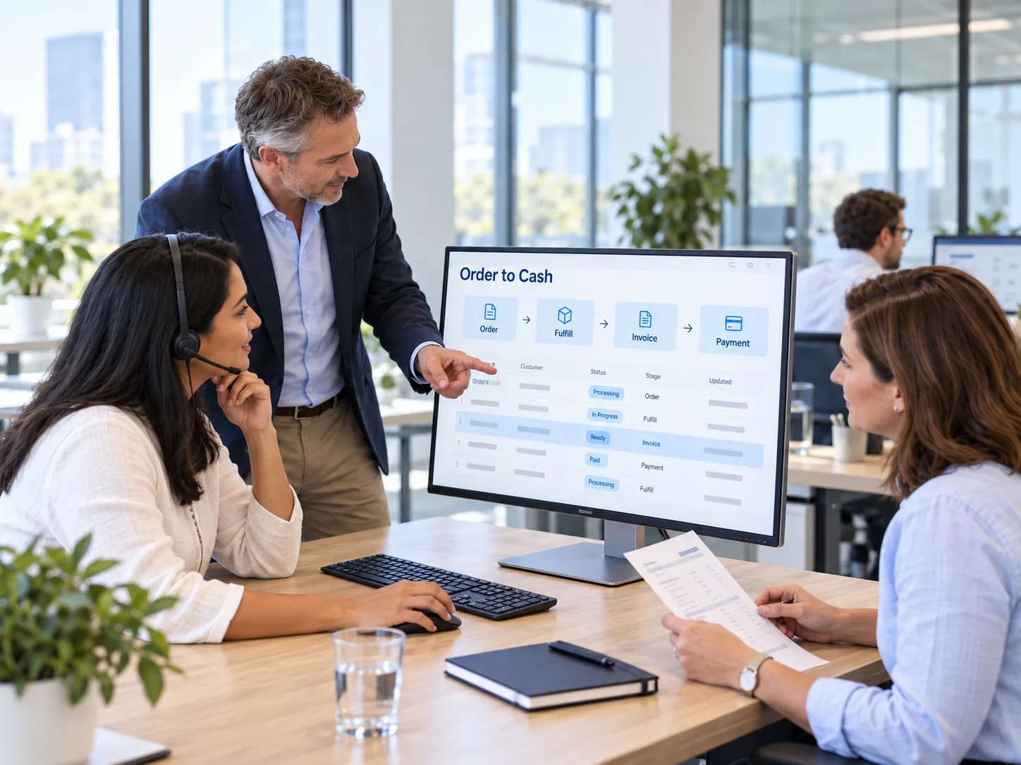 A consultant at a customer service desk pointing to an order-to-cash flow — order, fulfill, invoice, payment — on a monitor.
