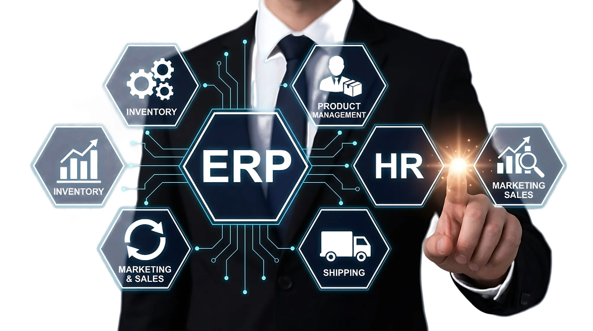 A hexagonal ERP map with HR lit up at the point of contact, ringed by inventory, product management, shipping, and marketing and sales.