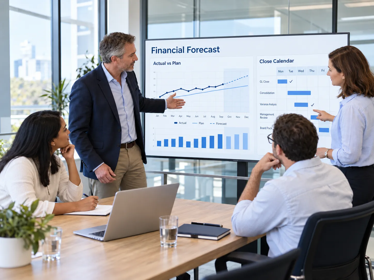 A consultant walking a finance team through an actual-versus-plan financial forecast and close calendar on a wall display.
