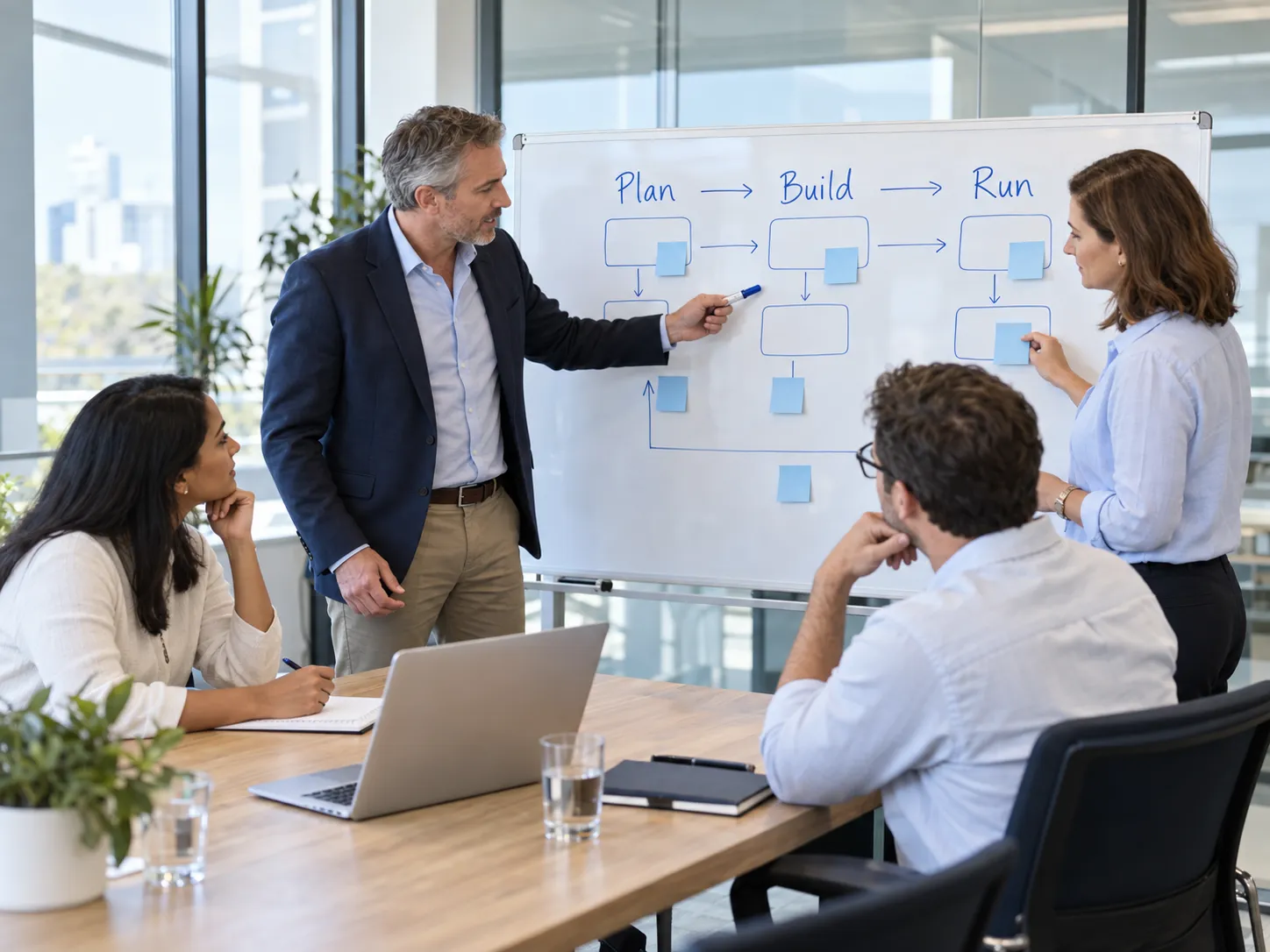 A OneVision consultant mapping a Plan, Build, Run process flow on a whiteboard while the client team works through it at the table.