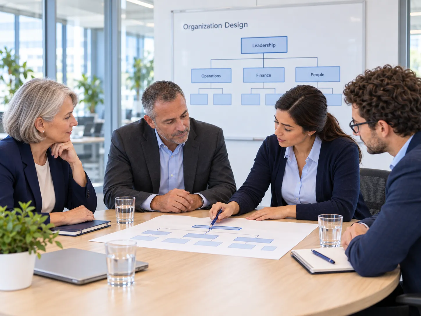 A leadership team reviewing an organization design chart — leadership over operations, finance, and people — around a meeting table.
