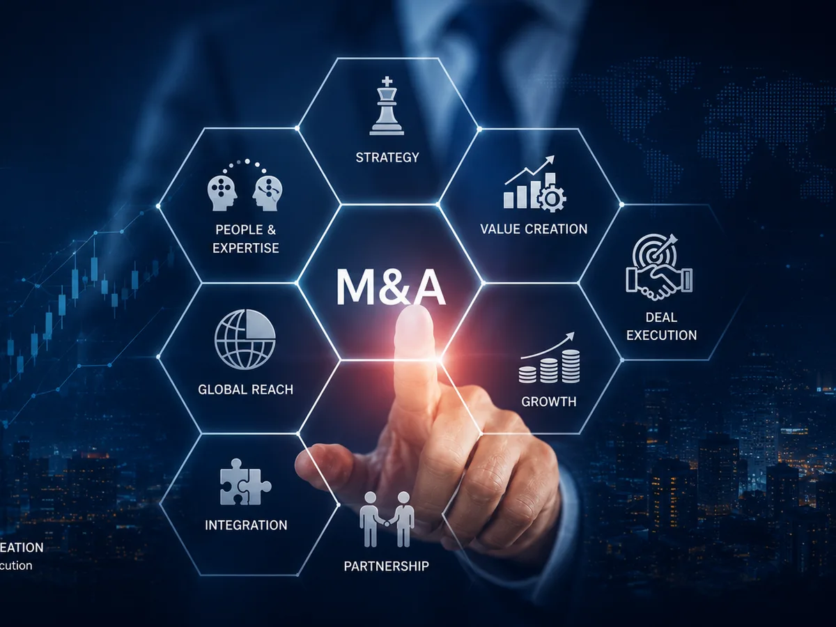 A hand touching a honeycomb of M&A capabilities — strategy, valuation, due diligence, deal execution, growth, integration, and partnership — around a central M&A hub.