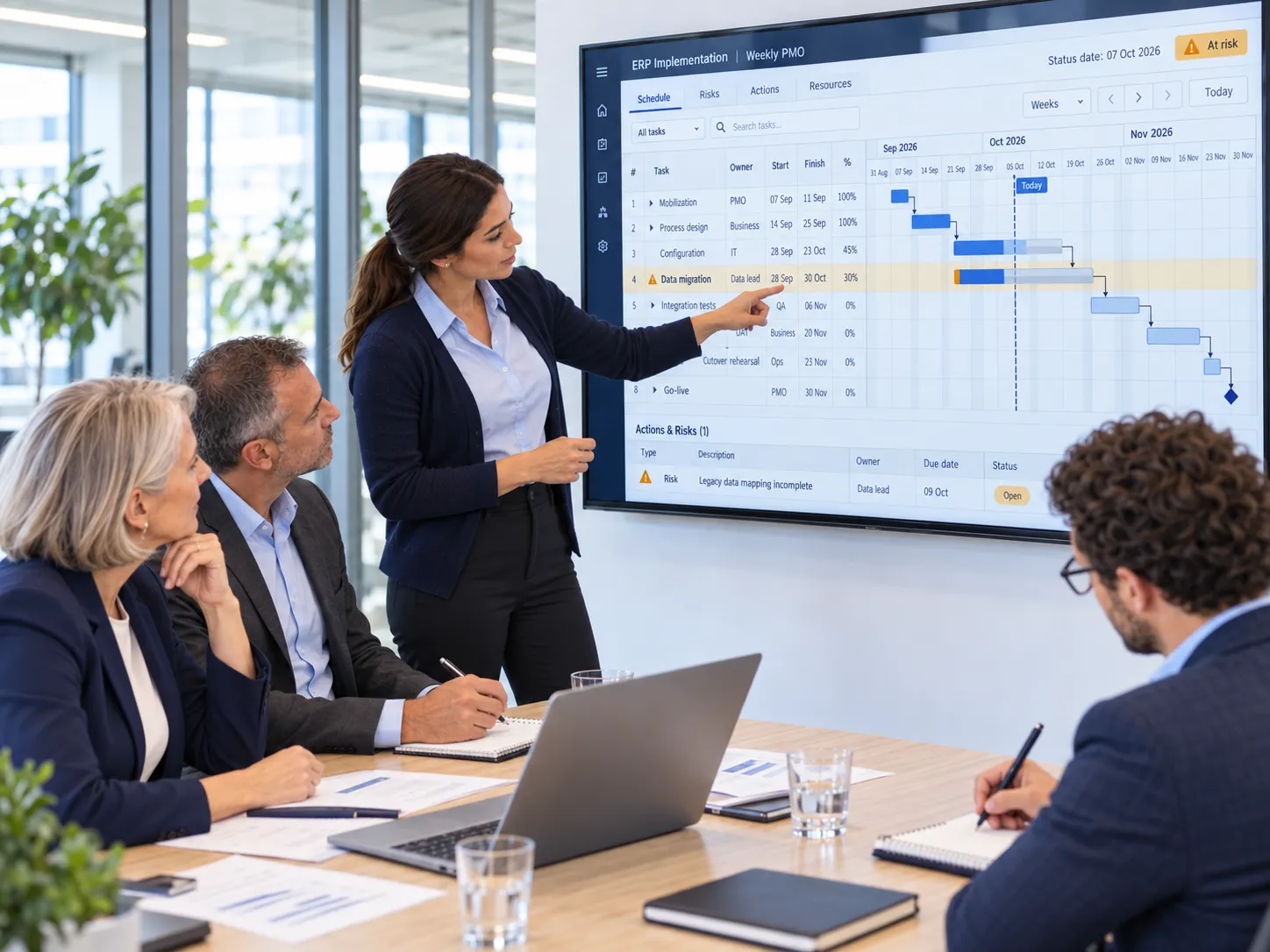 A project manager presenting an ERP implementation schedule, with workstreams and an at-risk milestone, on a Gantt chart display.