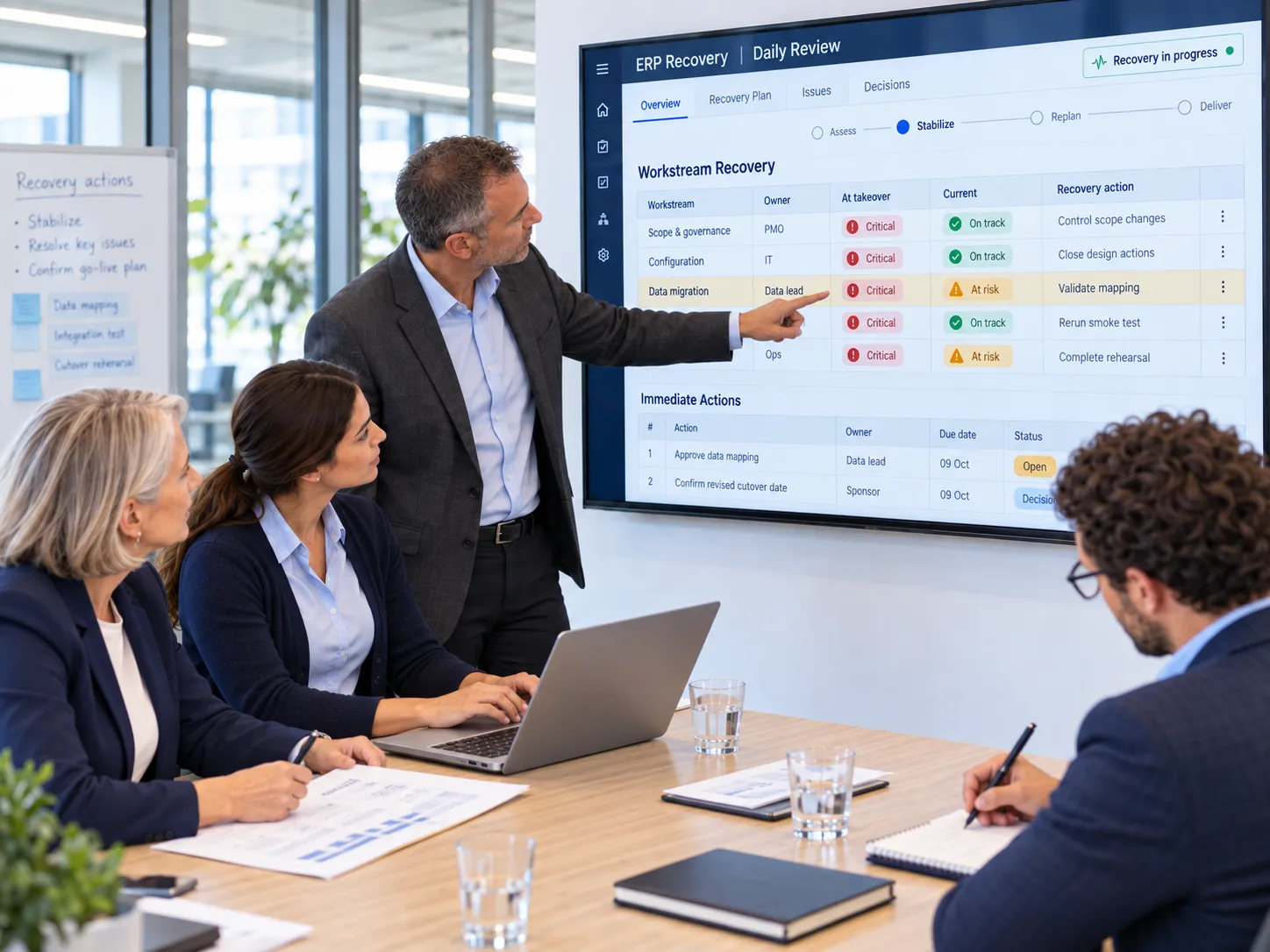 A consultant leading a daily ERP recovery review, with workstream status and immediate recovery actions on a wall display.