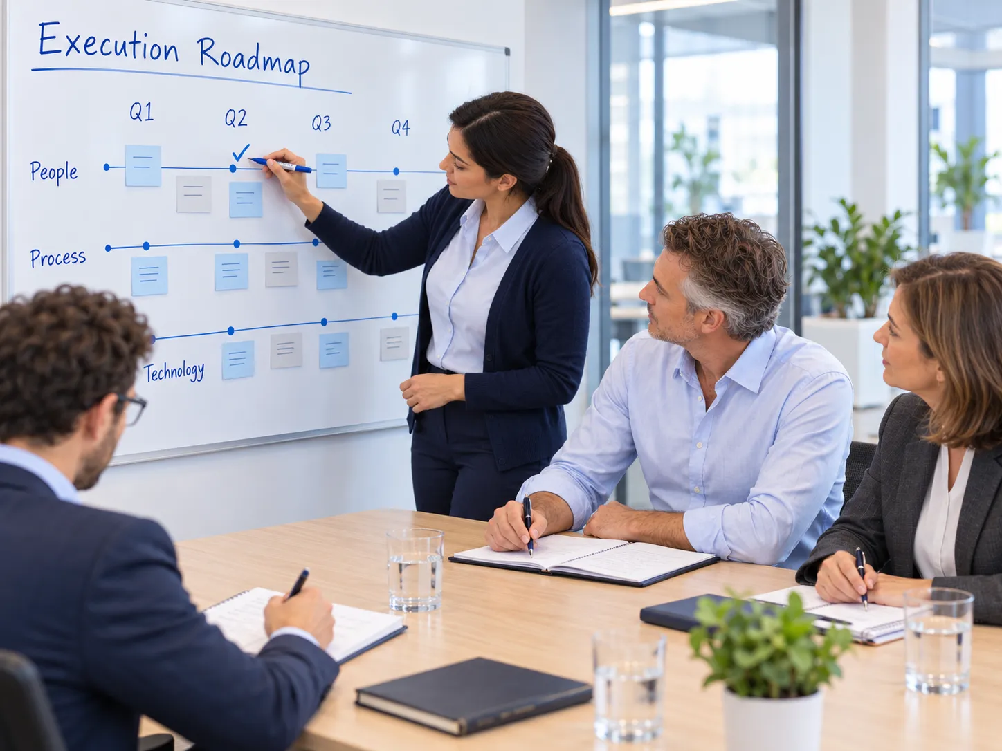 A consultant marking progress on a quarterly execution roadmap across people, process, and technology tracks during a leadership workshop.