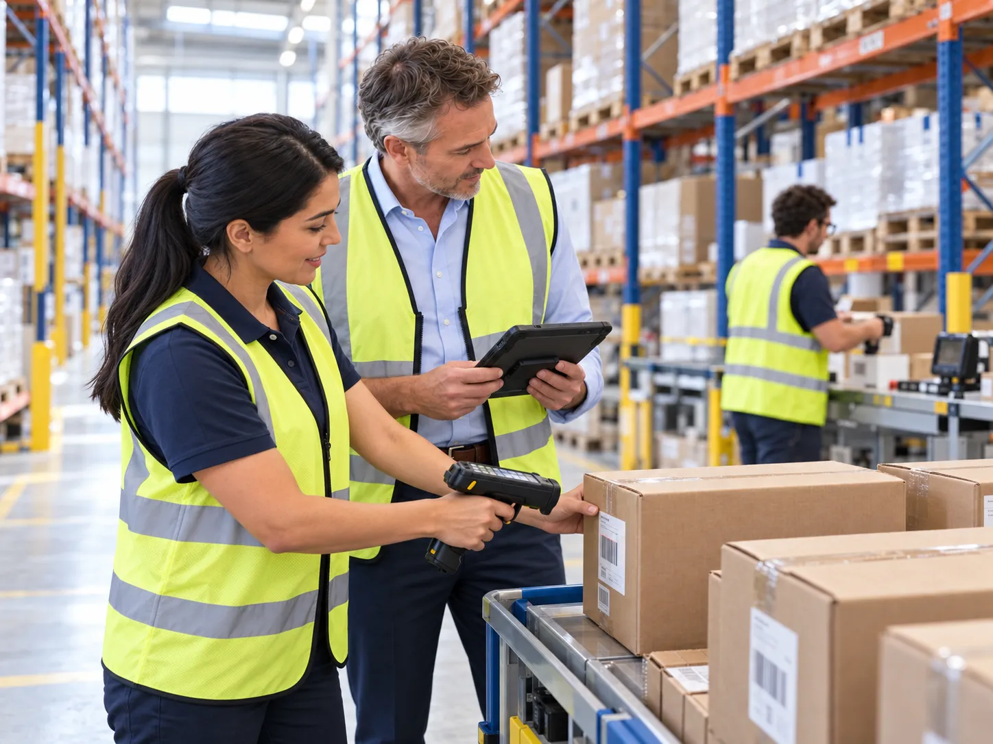 Warehouse staff in high-visibility vests scanning cartons with a handheld scanner and reviewing a tablet between pallet racks.